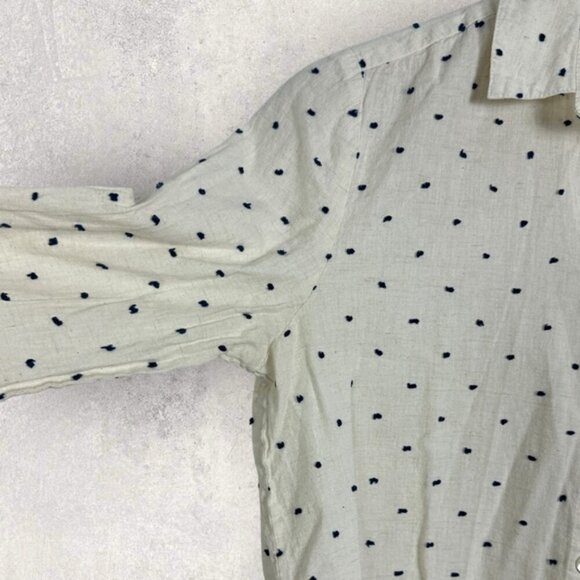 Sezane Linen Ramie Tomboy Shirt Ecru Blue Dot Print Size 34 French US 2 Button - Picture 11 of 15
